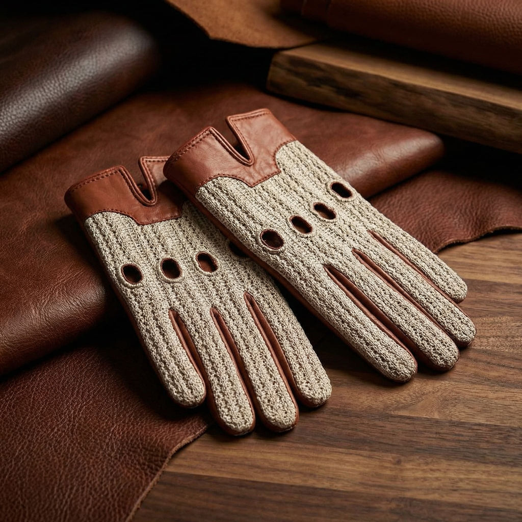 Herren Häkel-Fahrhandschuhe aus Lammleder – Cognac, Zwei Stile