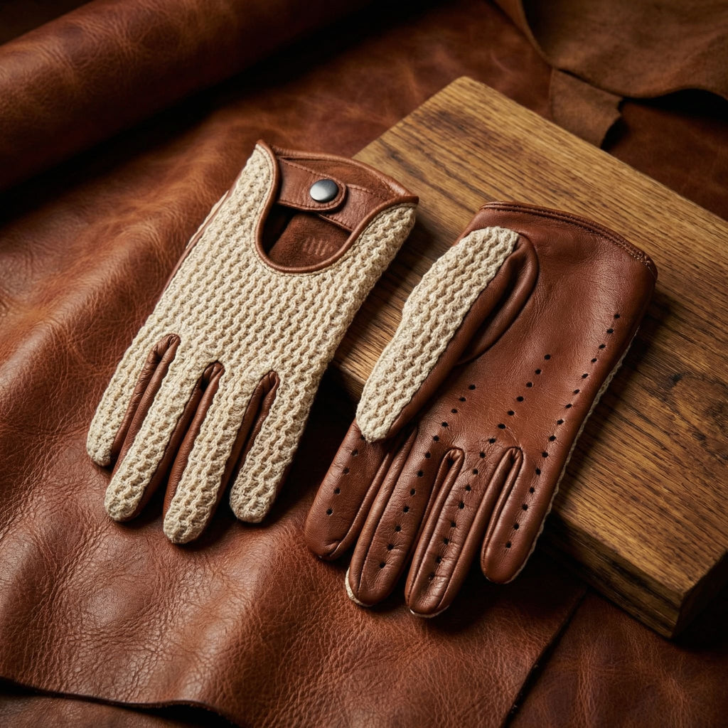Herren Fahrhandschuhe aus Hirschleder in Camel mit Häkeloberseite und Innennaht