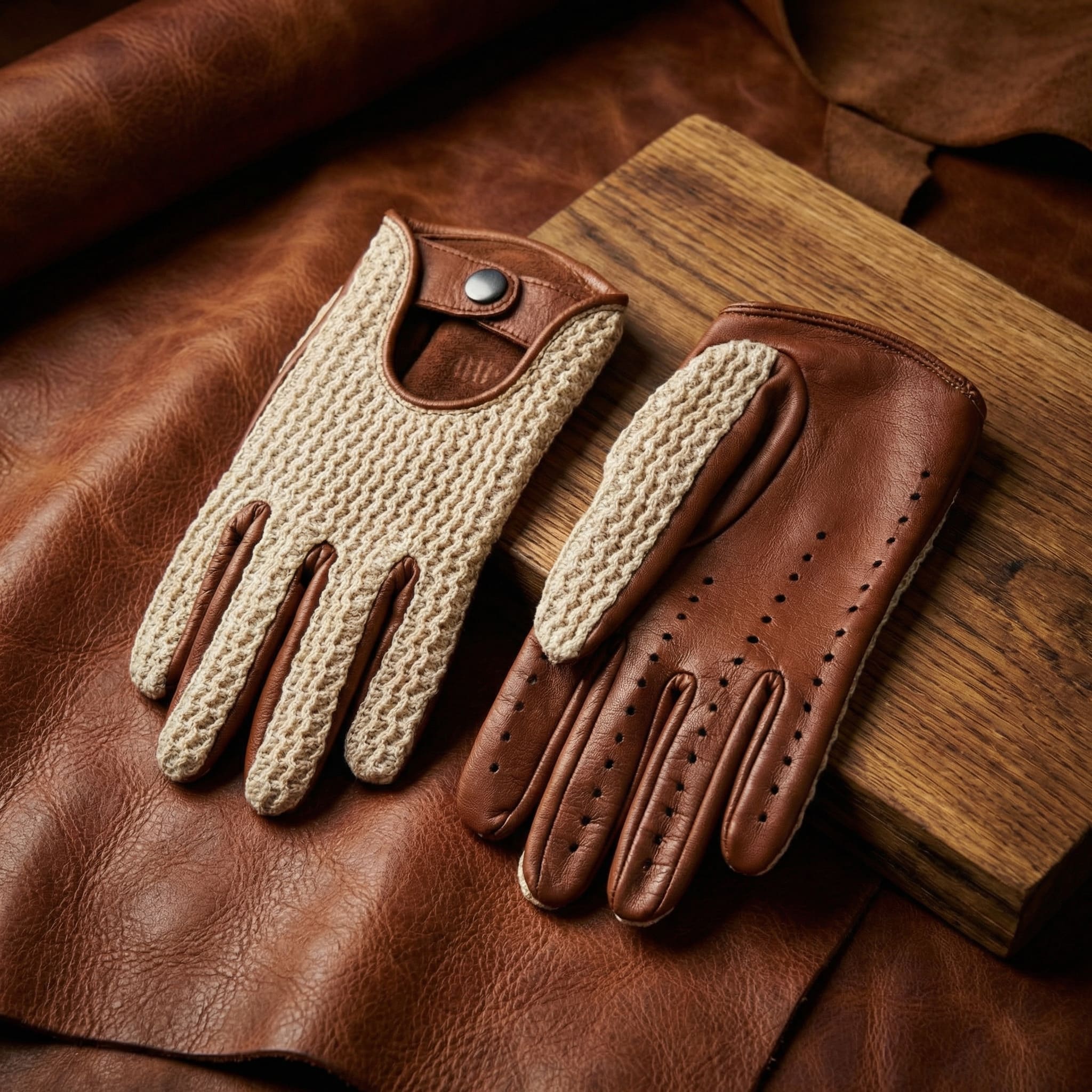 Men’s Deerskin Crochet Driving Gloves in Camel with Inside Stitching