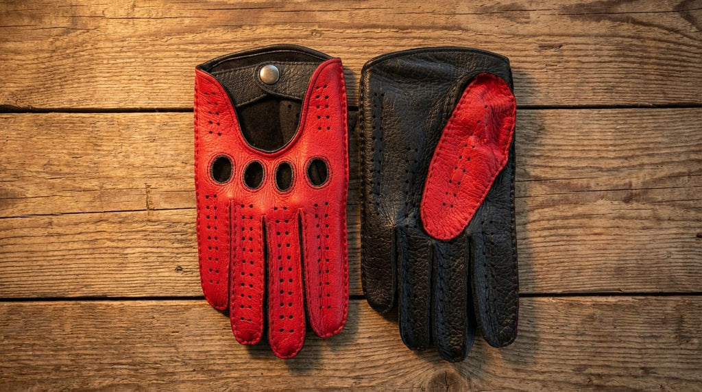 Men’s Deerskin Leather Driving Gloves – Black & Red, Handmade