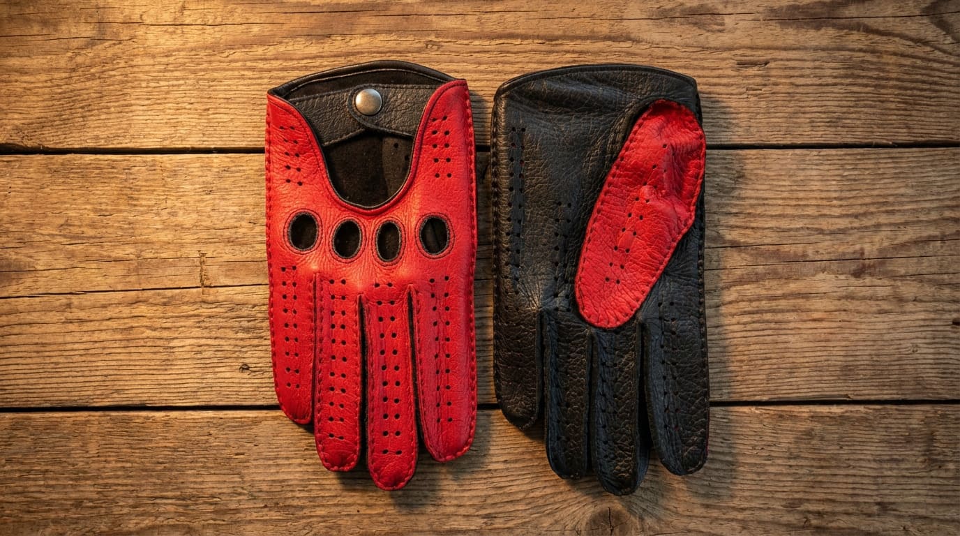 Men’s Deerskin Leather Driving Gloves – Black & Red, Handmade