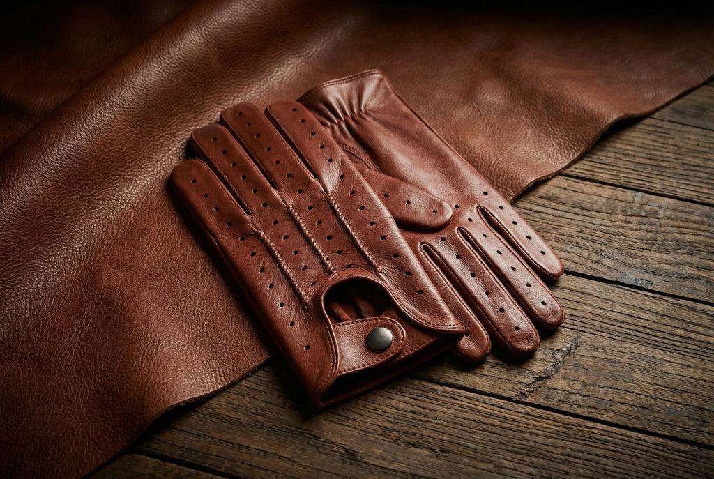 Herren dünne Autohandschuhe aus Lammleder – Elastische Handfläche, Cognac