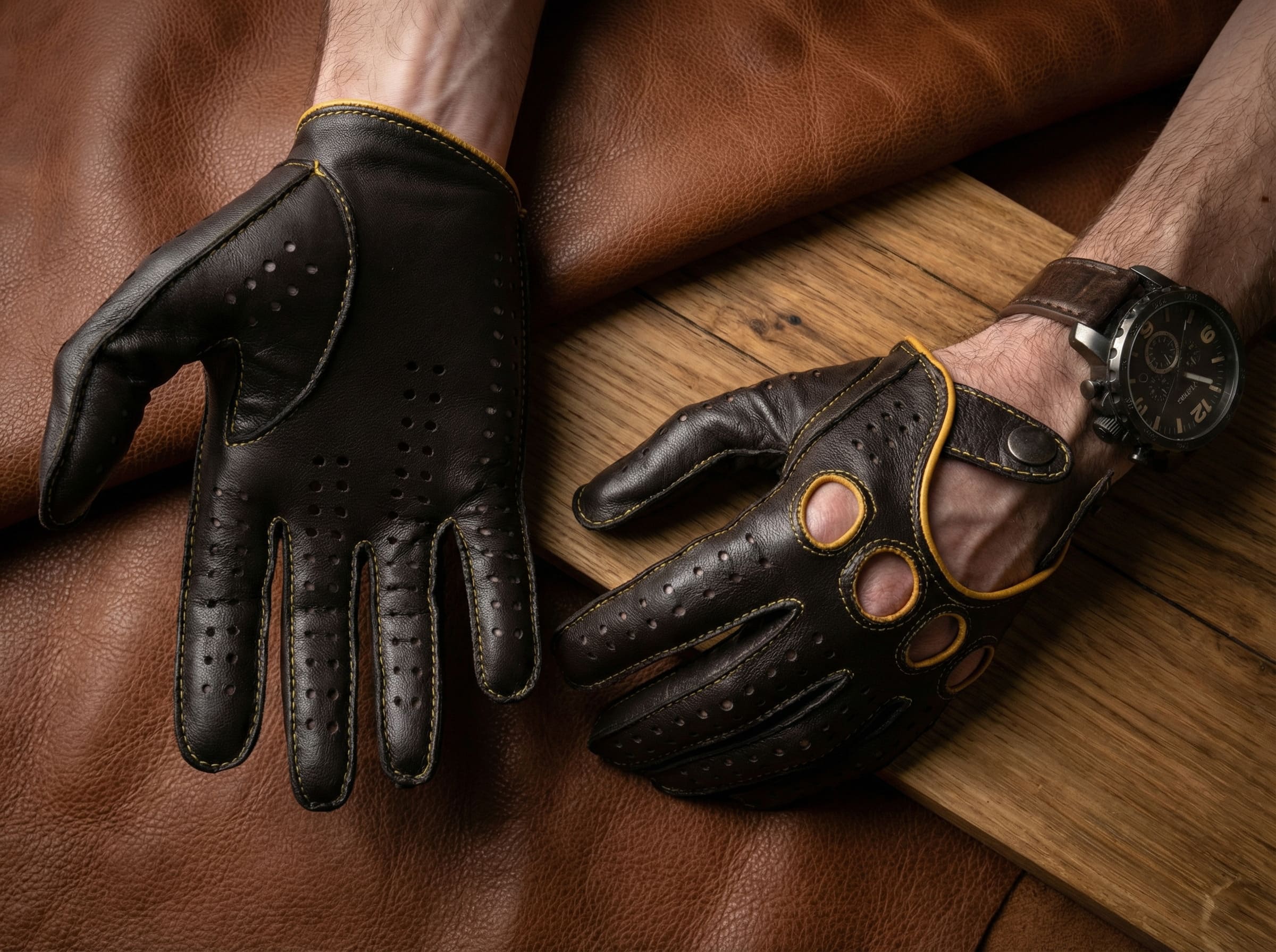 Men's Black Leather Gloves Yellow Stitching Nappa Leather
