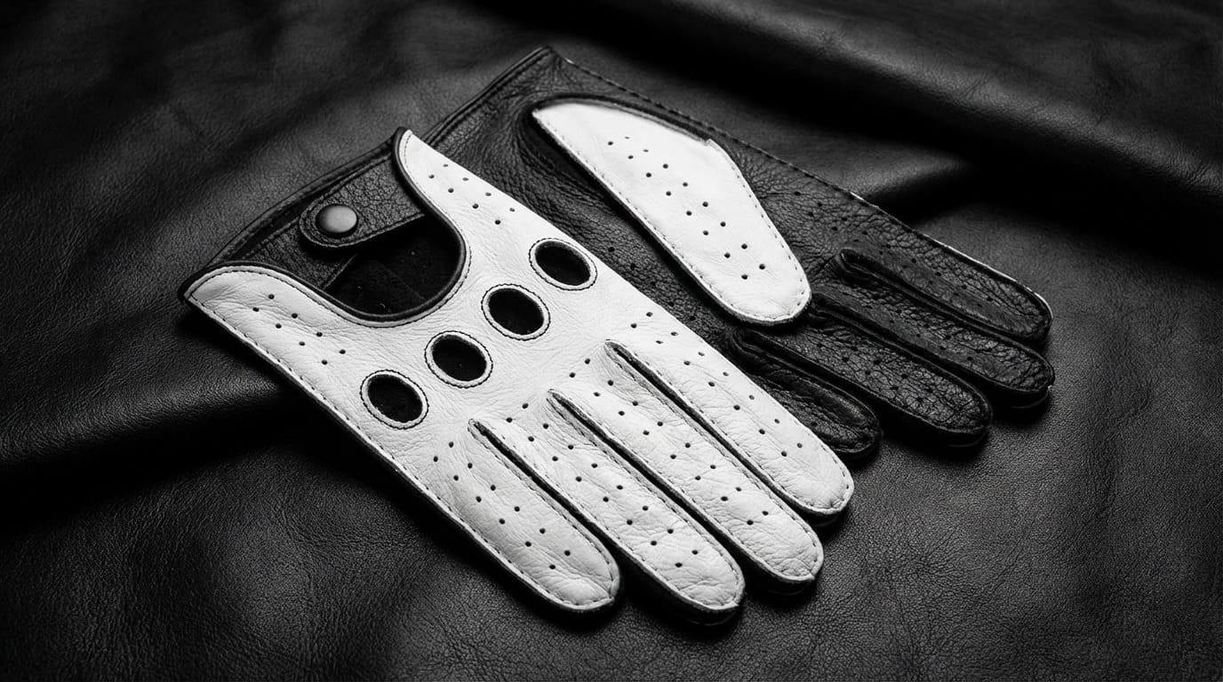 Women's Driving Gloves Deerskin Leather Hand Made Black White – Black Palm, White Top, Nappa & Deerskin