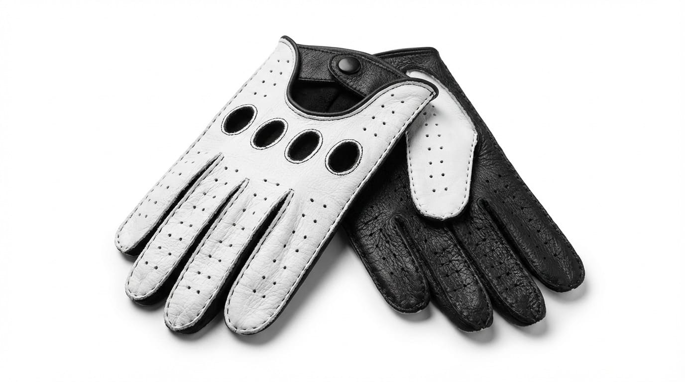 Women's Driving Gloves Deerskin Leather Hand Made Black White – Black Palm, White Top, Nappa & Deerskin