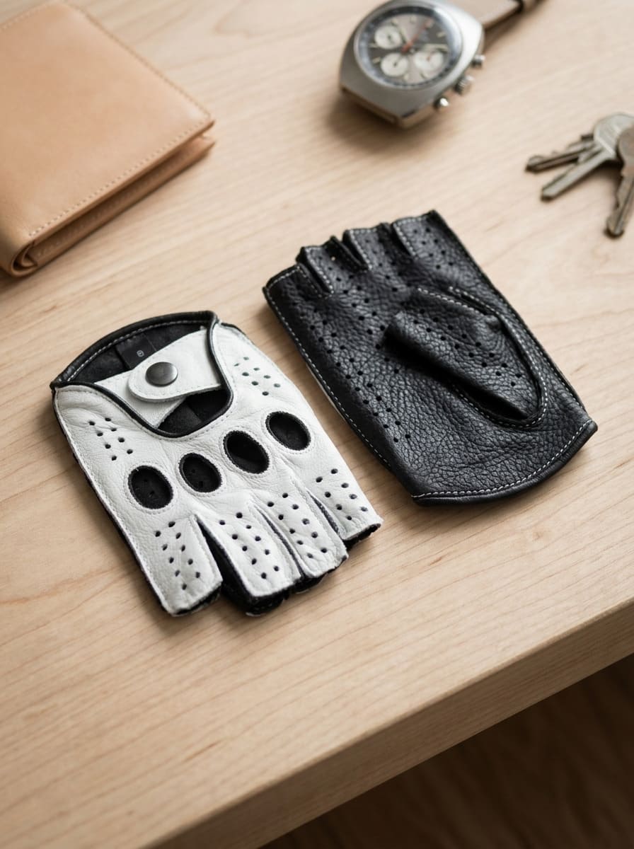 Men’s Fingerless Leather Driving Gloves – Black & White Deerskin, Handcrafted