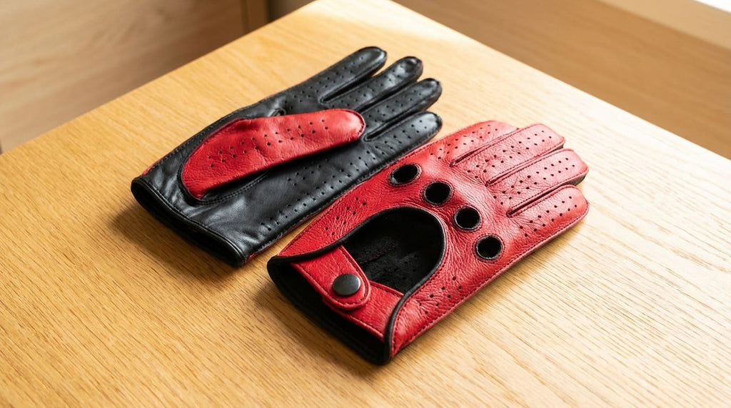 Herren Nappaleder-Fahrhandschuhe – Schwarz & Rot, Rote Oberhand, Schwarze Handfläche