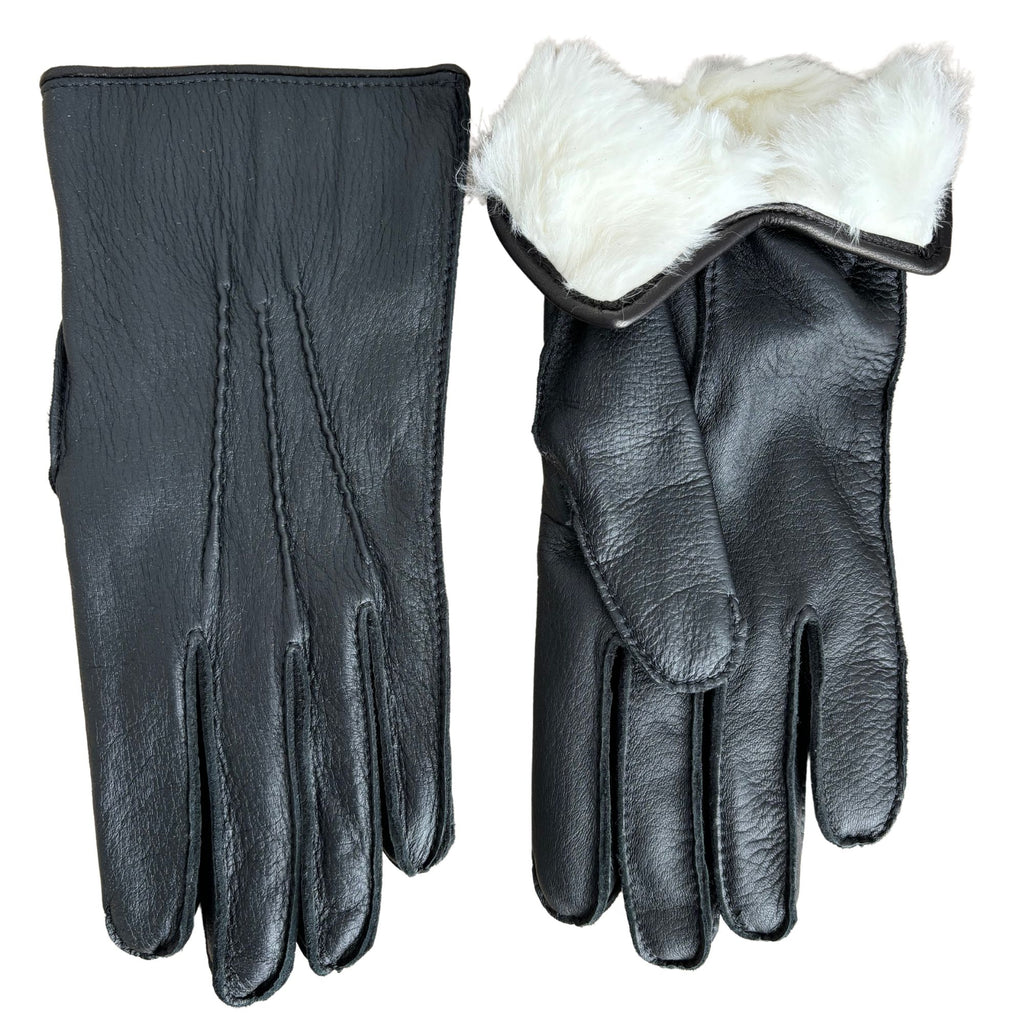 Damen Winterhandschuhe aus schwarzem Hirschleder mit Kaninchenfell-Futter