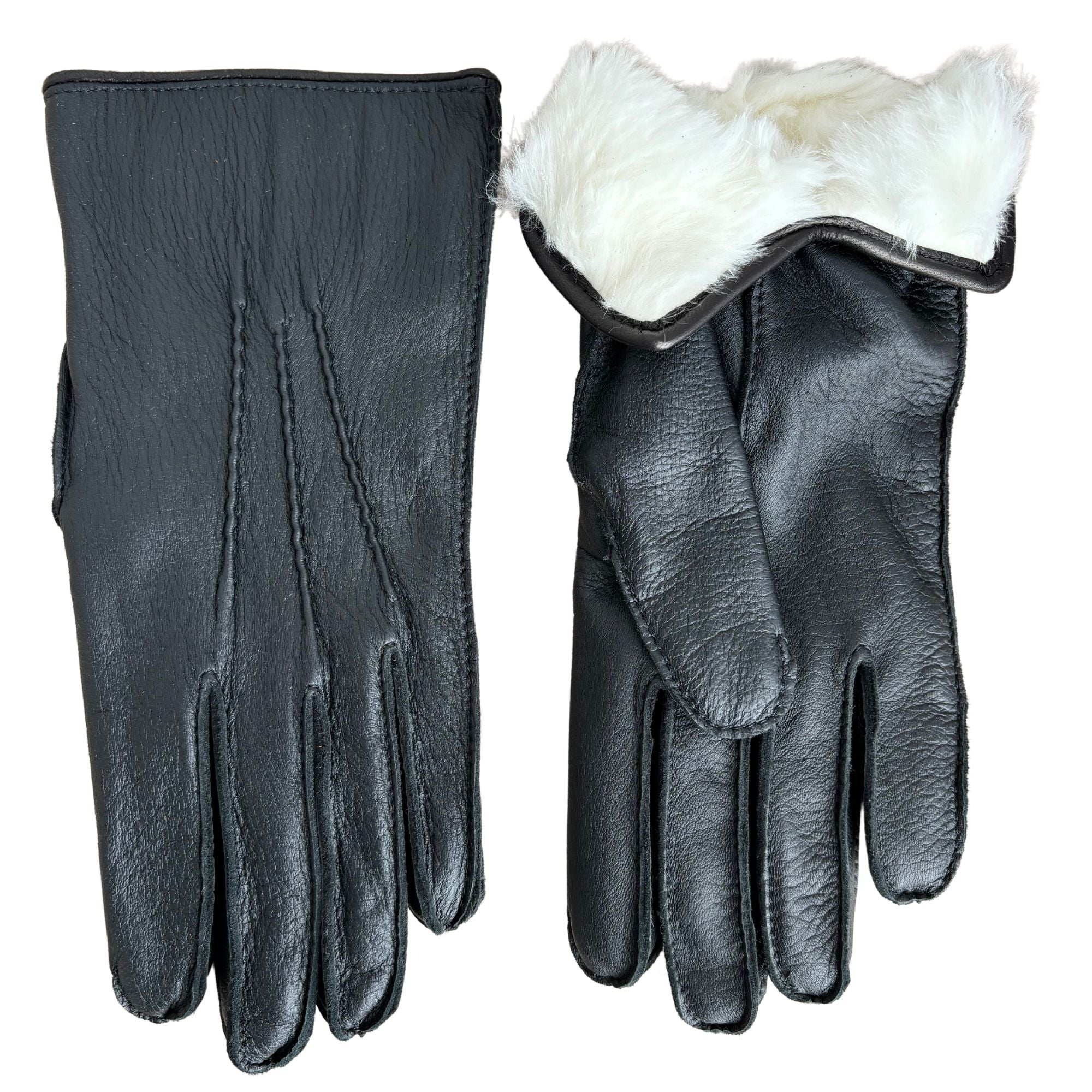 Damen Winterhandschuhe aus schwarzem Hirschleder mit Kaninchenfell-Futter