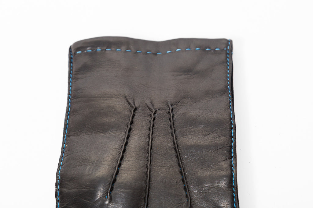 Men’s Black Lambskin Winter Gloves with Rabbit Fur Lining and Sky Blue Stitching