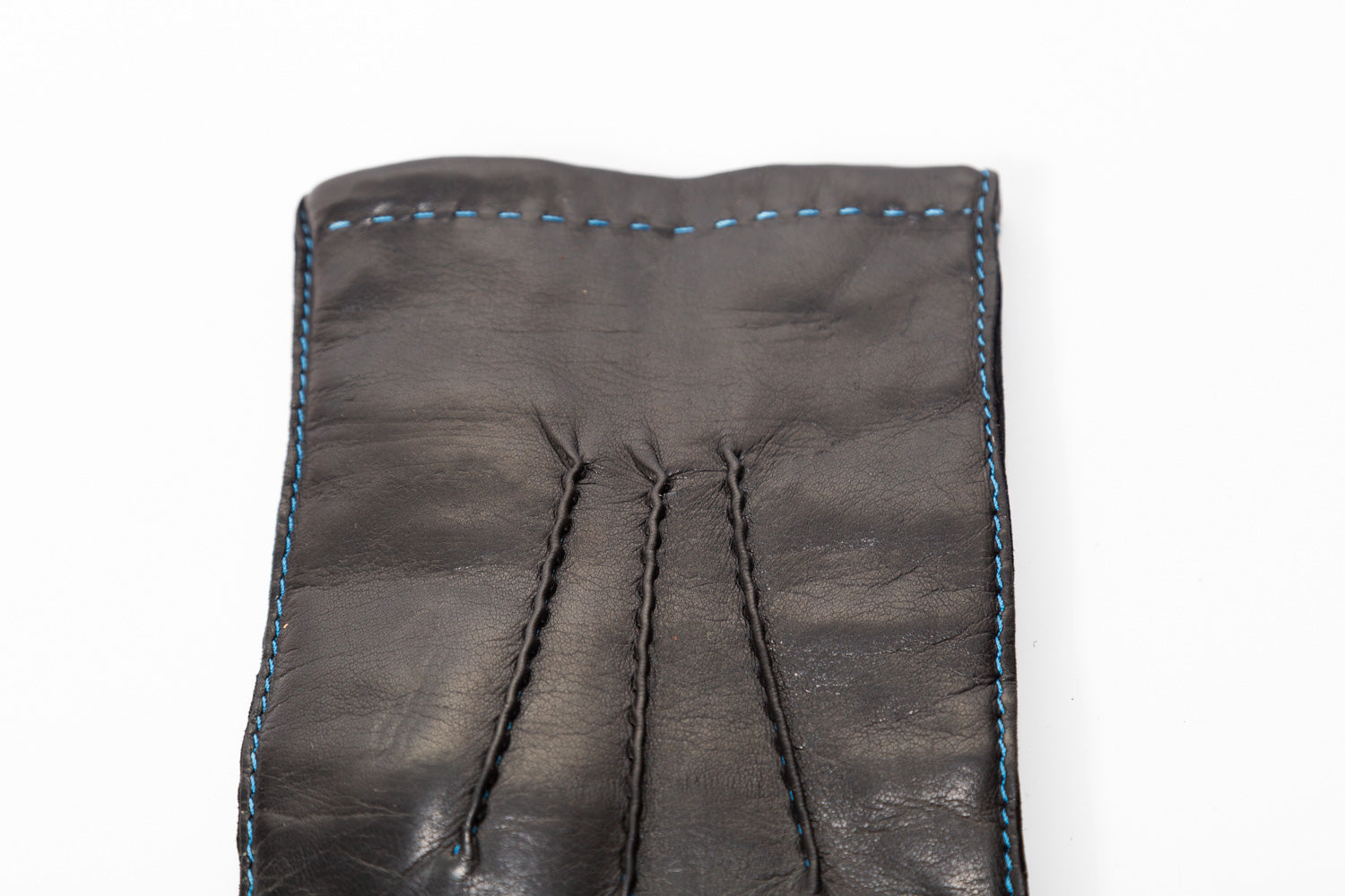 Men’s Black Lambskin Winter Gloves with Rabbit Fur Lining and Sky Blue Stitching