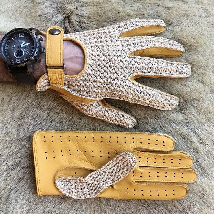Men’s Crochet Driving Gloves – Yellow Deerskin, Handmade