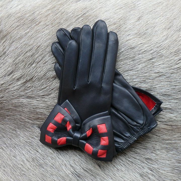 Damen Fashion Lederhandschuhe seidengefüttert – Schwarz Rot und Schwarz Weiß