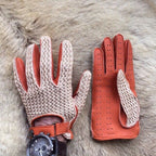 Men’s Crochet Driving Gloves – Orange Deerskin, Handmade