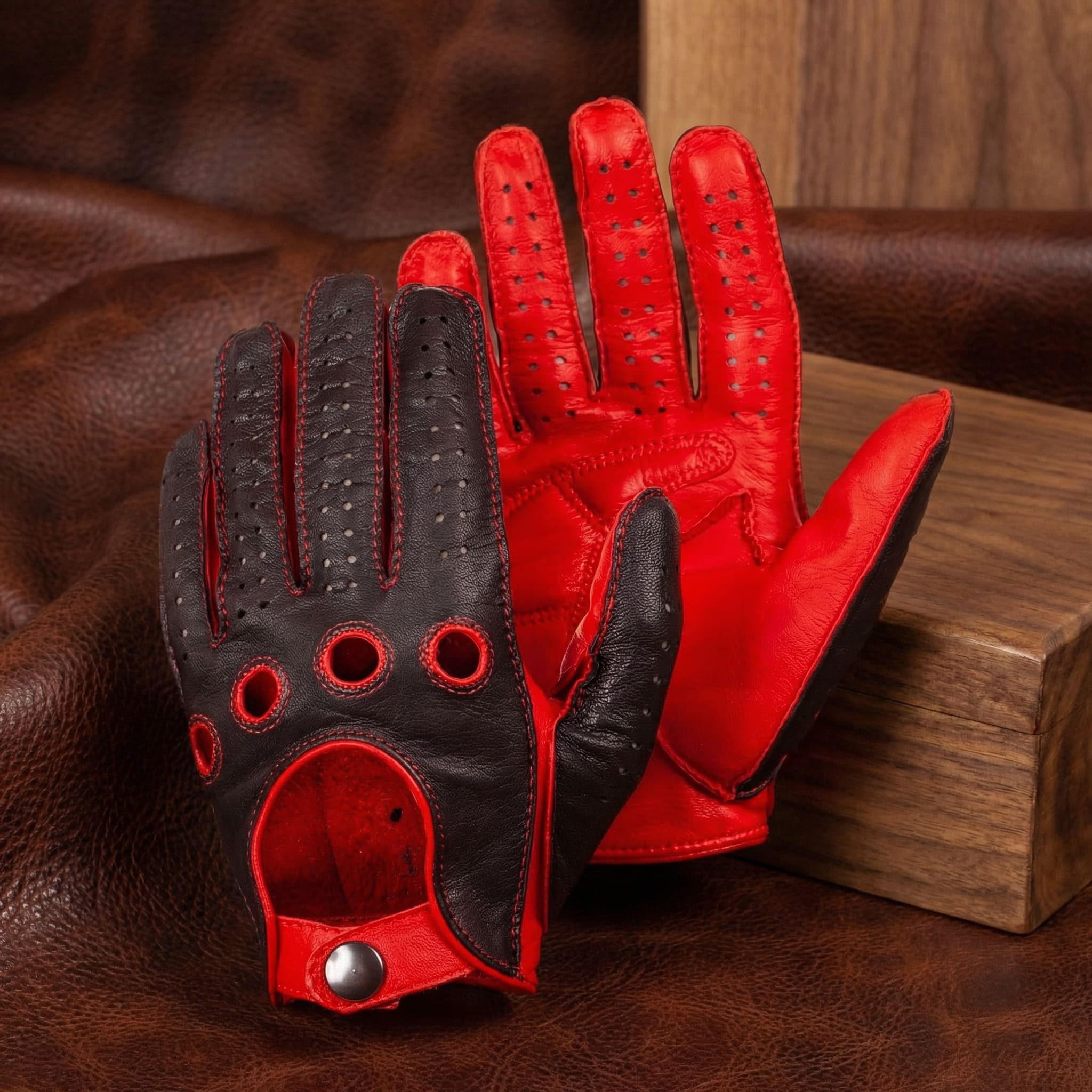 Men’s Black Lambskin Driving Gloves – Red Padded Palm