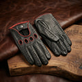 Men’s Lambskin Driving Gloves – Black with Red Inside Stitching, Handcrafted