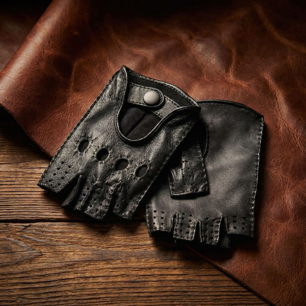 Men's Black Lambskin Fingerless Leather Driving Gloves – Handcrafted & Luxurious