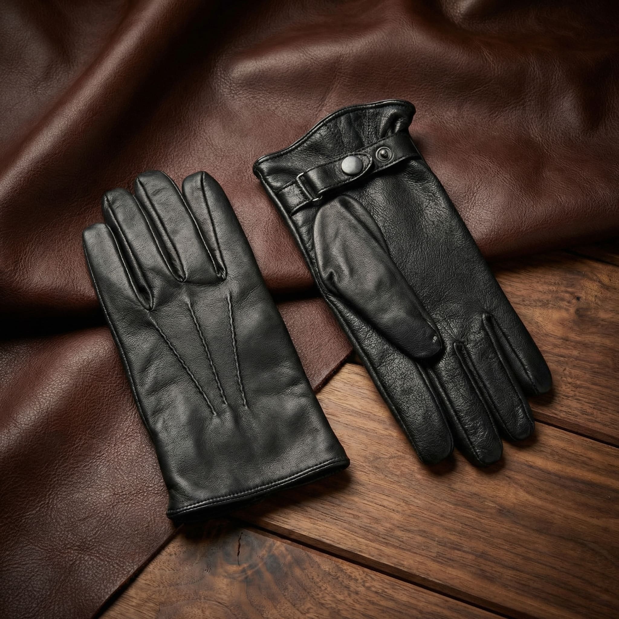 Men’s Black Lambskin Winter Gloves with Strap Closure and Cashmere Lining