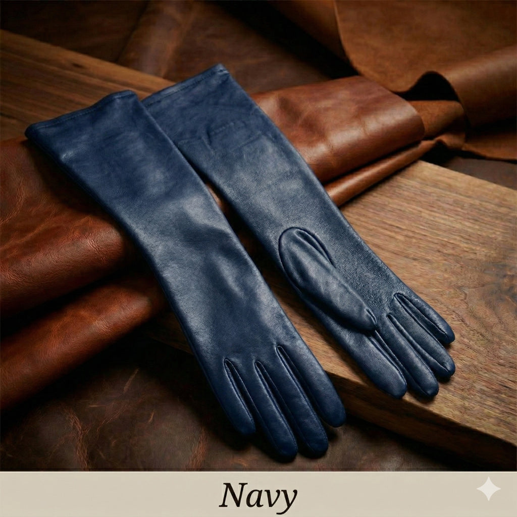 Damen Halb lange Handschuhe aus schwarzem Lammleder 28–30 cm mit Seidenfutter