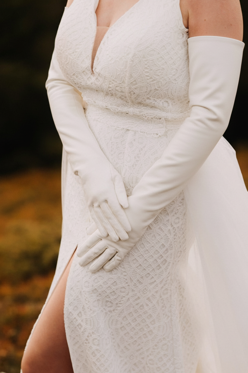 White dress with long gloves against a blurred natural background