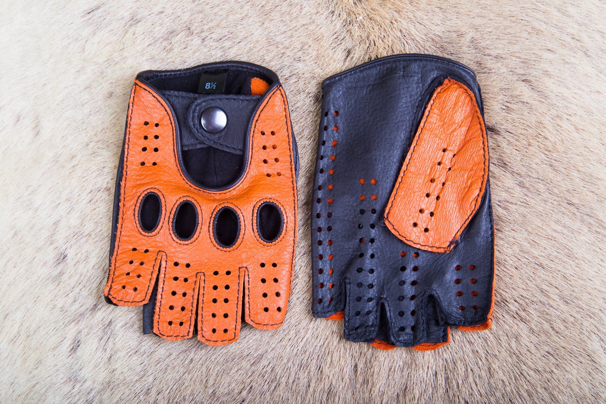 Men's Fingerless Leather Gloves Orange Dark Brown Deerskin