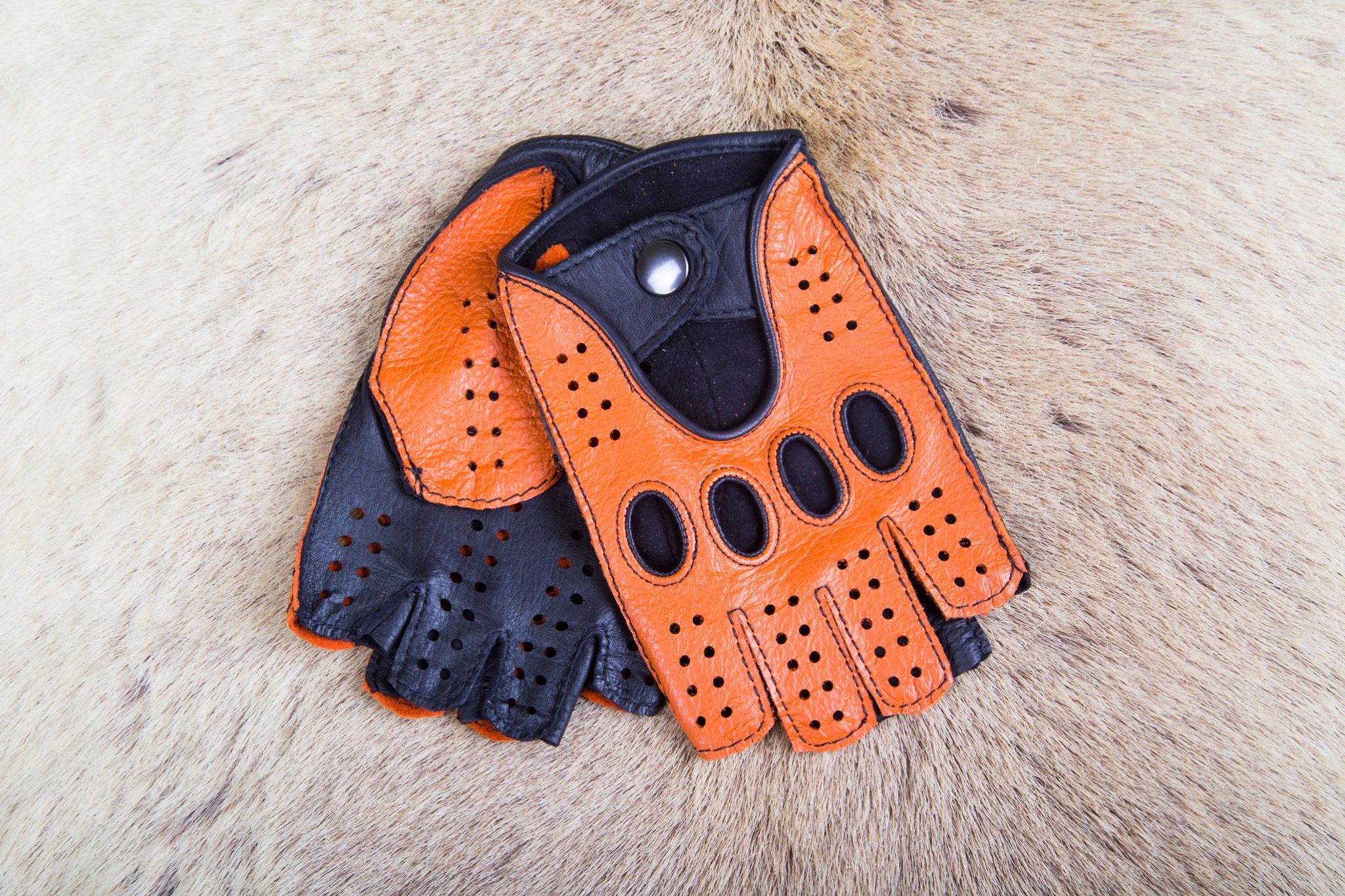 Men's Fingerless Leather Gloves Orange Dark Brown Deerskin