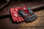 Damen-Fahrhandschuhe aus Leder, fingerlos – Gepolsterte Lammleder-Handfläche, Schwarz und Rot