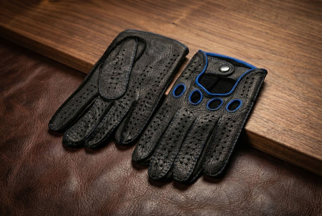 Men’s Hand-Sewn Peccary Driving Gloves – Black with Blue Stitching & Piping