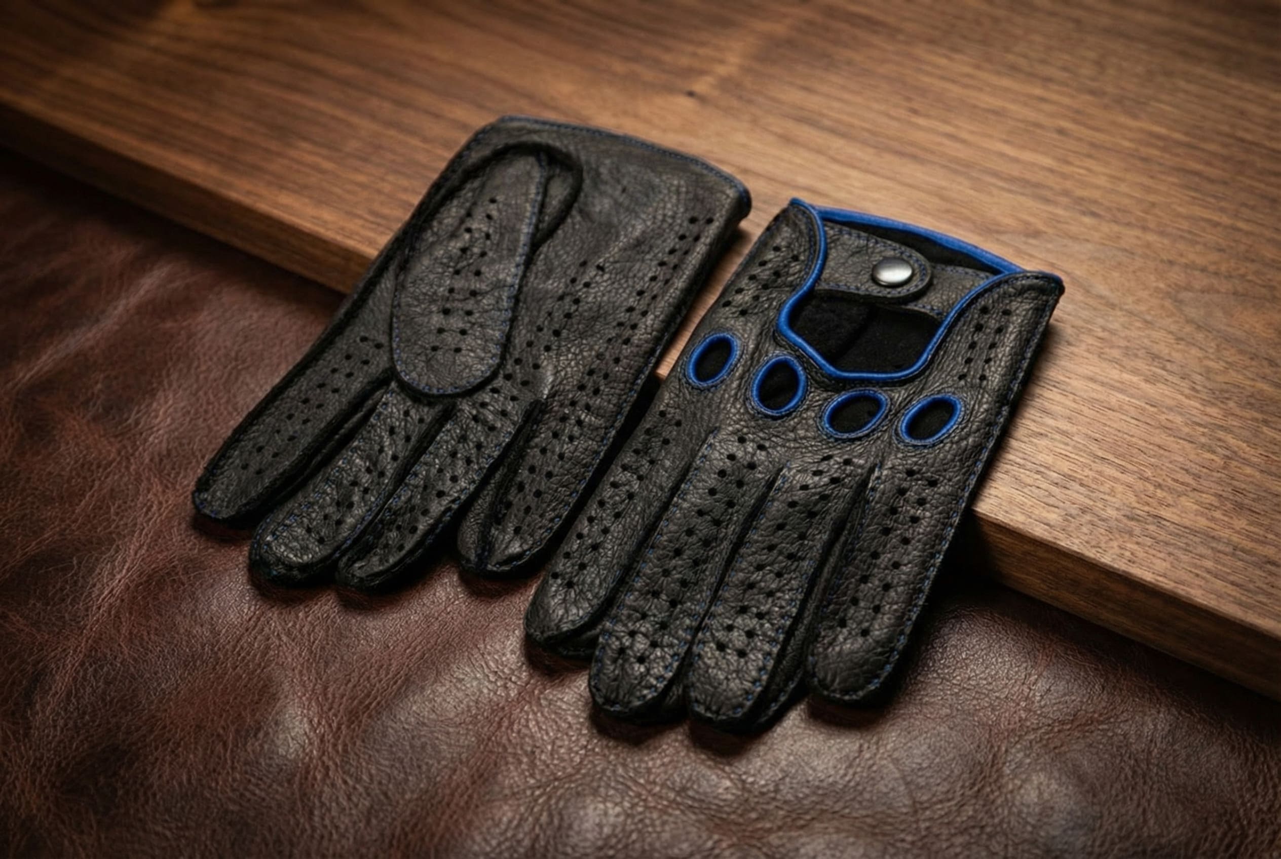 Men’s Hand-Sewn Peccary Driving Gloves – Black with Blue Stitching & Piping