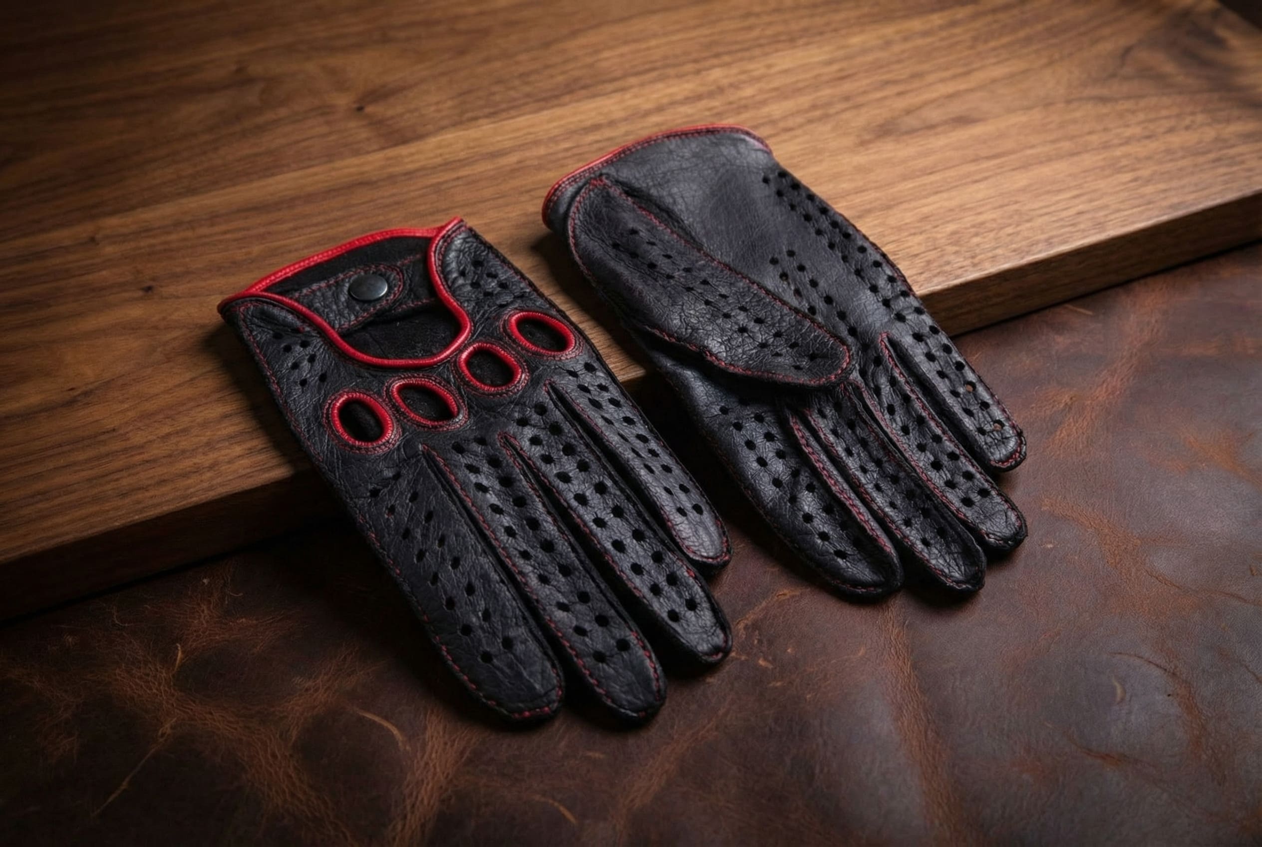 Men's Peccary Driving Gloves Black with Red Hand-Sewn Stitching