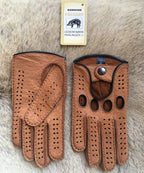 Men's cork peccary driving gloves with black hand-sewn stitching and piping, open knuckles and snap closure