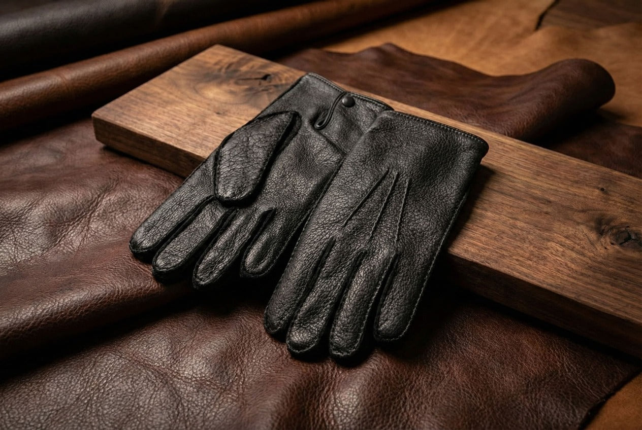 Men's Peccary Leather Winter Gloves – Cashmere Lined with Button Closure Black