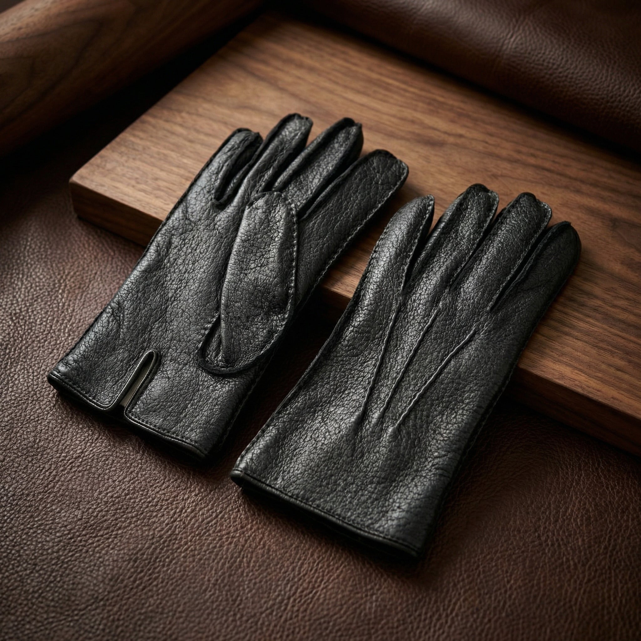 Men’s Black Peccary Winter Gloves – Rabbit Fur Lined, Hand Sewn