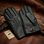 Men's Black Peccary Leather Winter Gloves – Rabbit Fur Lined with Button Closure