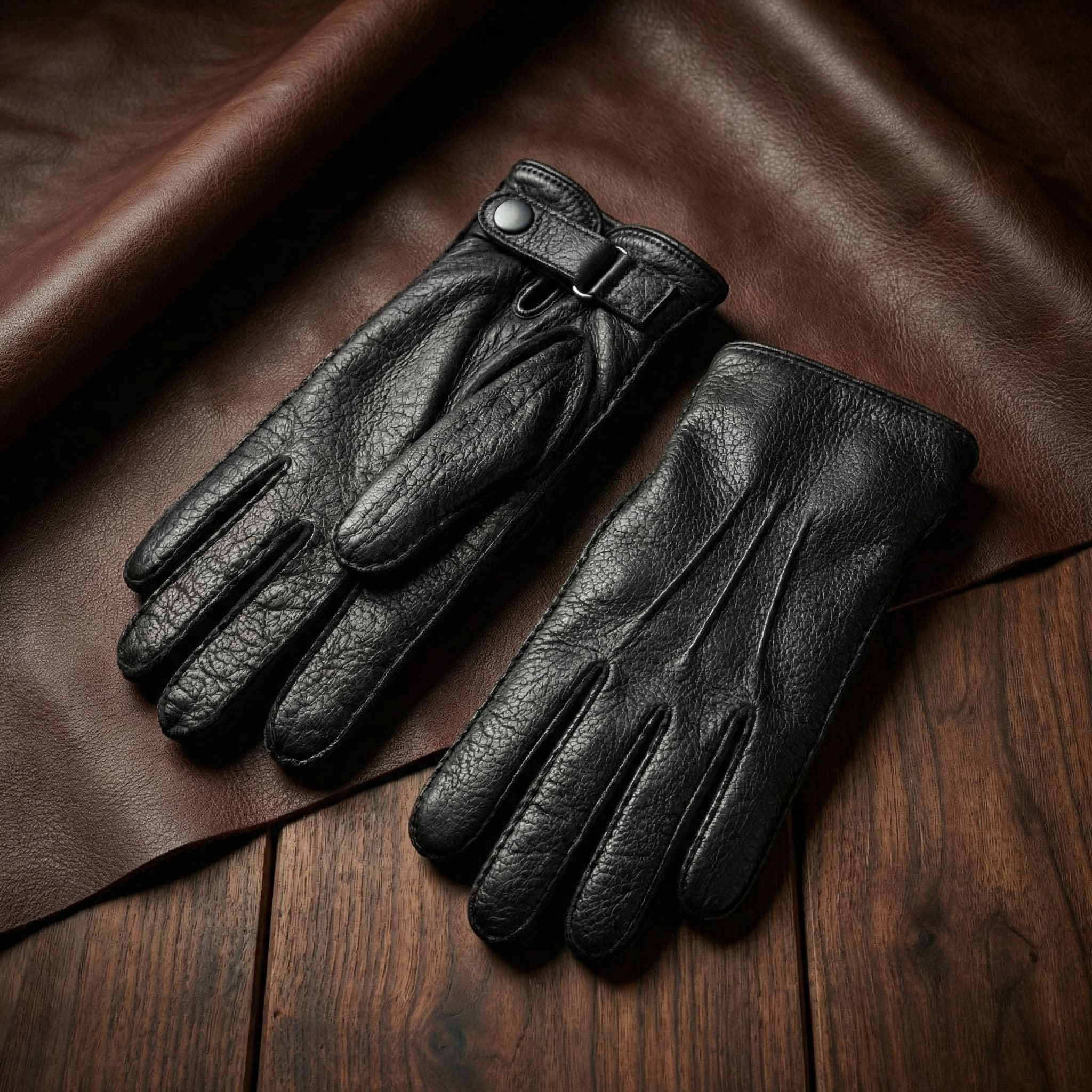 Men’s Black Peccary Winter Gloves with Strap Closure and Cashmere Lining – Hand Sewn