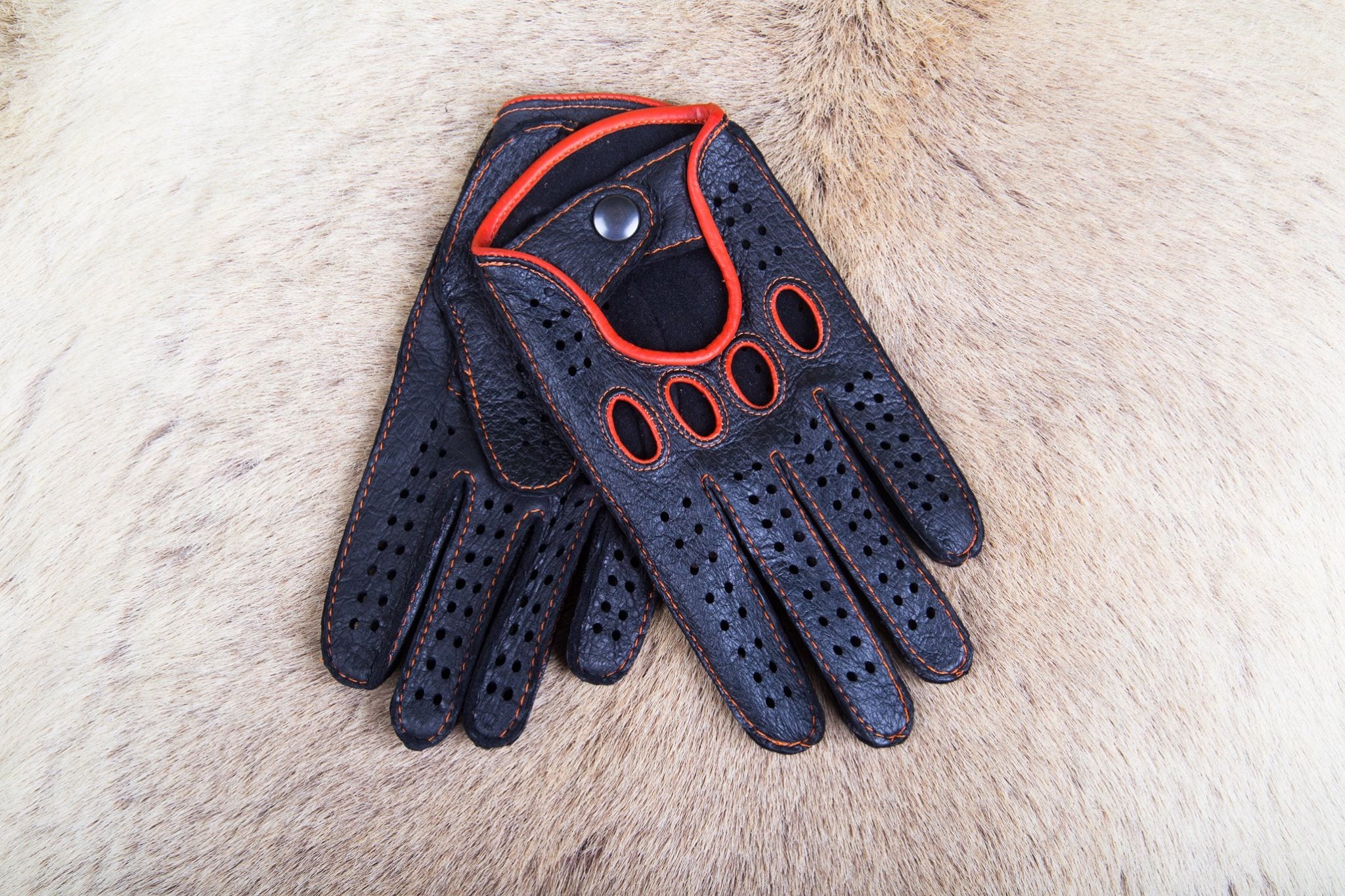 Men's Peccary Driving Gloves Black with Orange Hand-Sewn Stitching & Piping