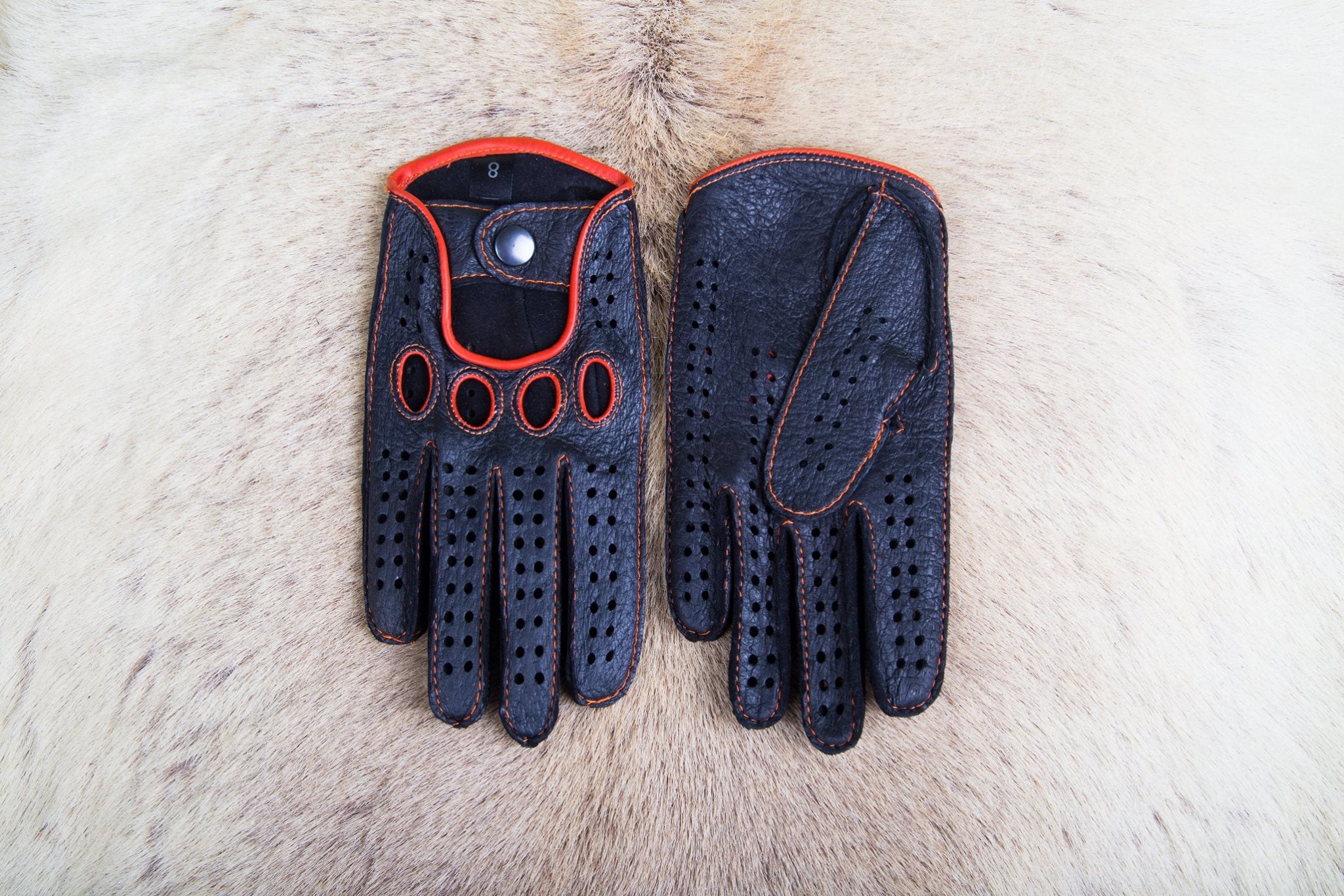 Men's Peccary Driving Gloves Black with Orange Hand-Sewn Stitching & Piping