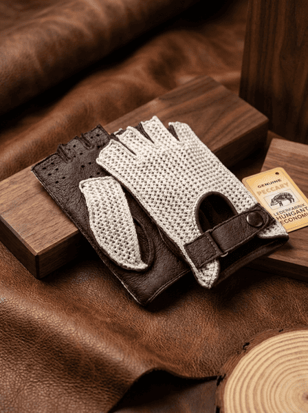Men's Peccary Fingerless Leather Driving Gloves with Crochet Back – Handcrafted