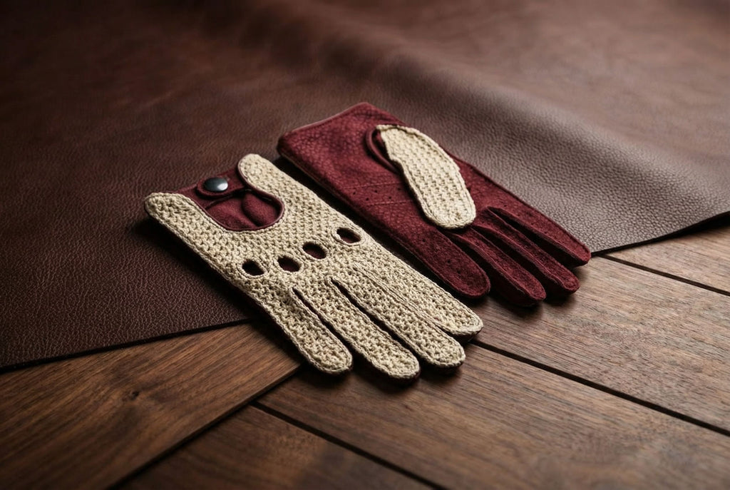Herren-Fahrhandschuhe aus Carpincho (Capybara) Leder, Häkeloberseite – Handfläche aus Carpincho-Leder, Grün, Lila und Cognac