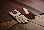 Herren-Fahrhandschuhe aus Carpincho (Capybara) Leder, Häkeloberseite – Handfläche aus Carpincho-Leder, Grün, Lila und Cognac