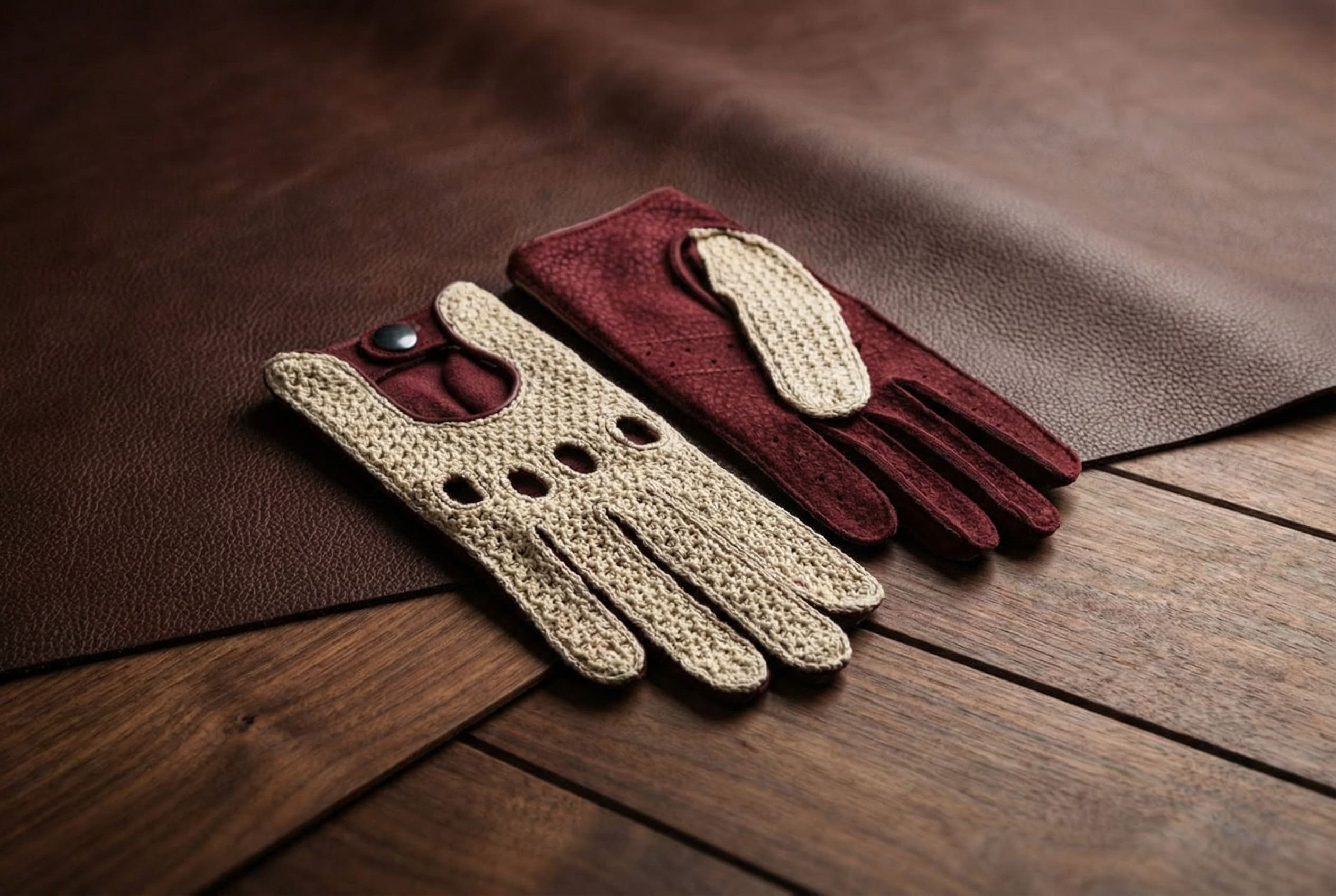 Men's Carpincho Capybara Crochet Driving Gloves Green Purple Cognac