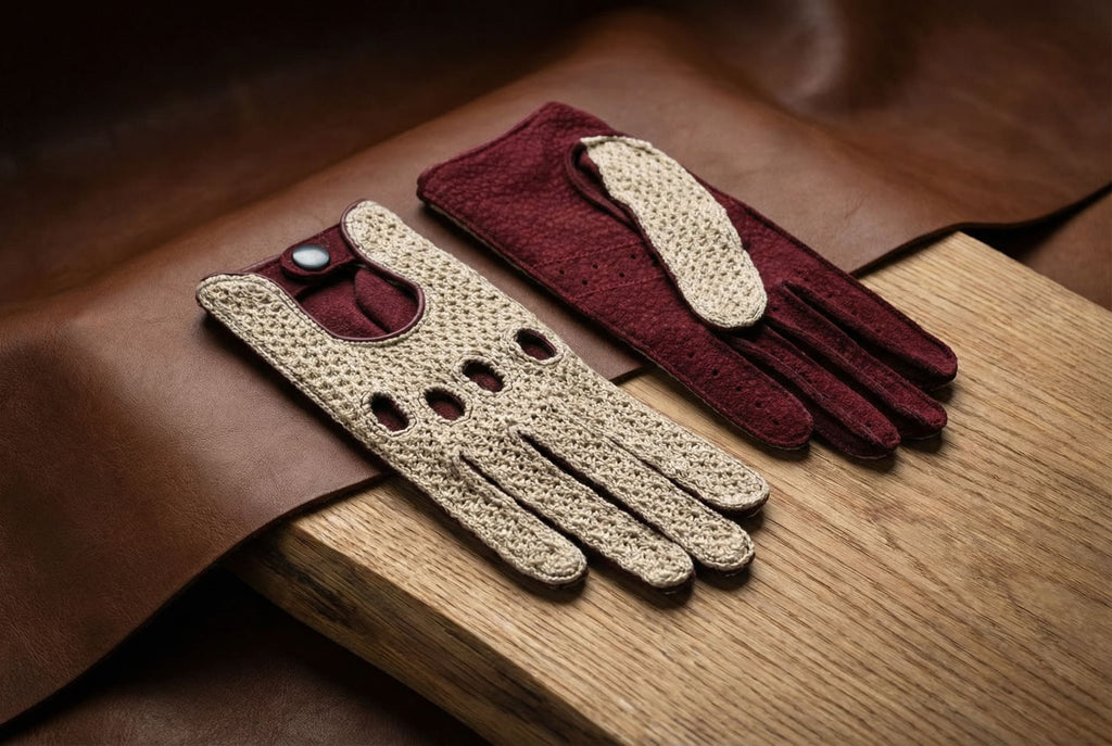 Women's Carpincho Capybara Crochet Driving Gloves – Palm in Carpincho Leather, Top Side Crochet, Green, Purple, and Cognac