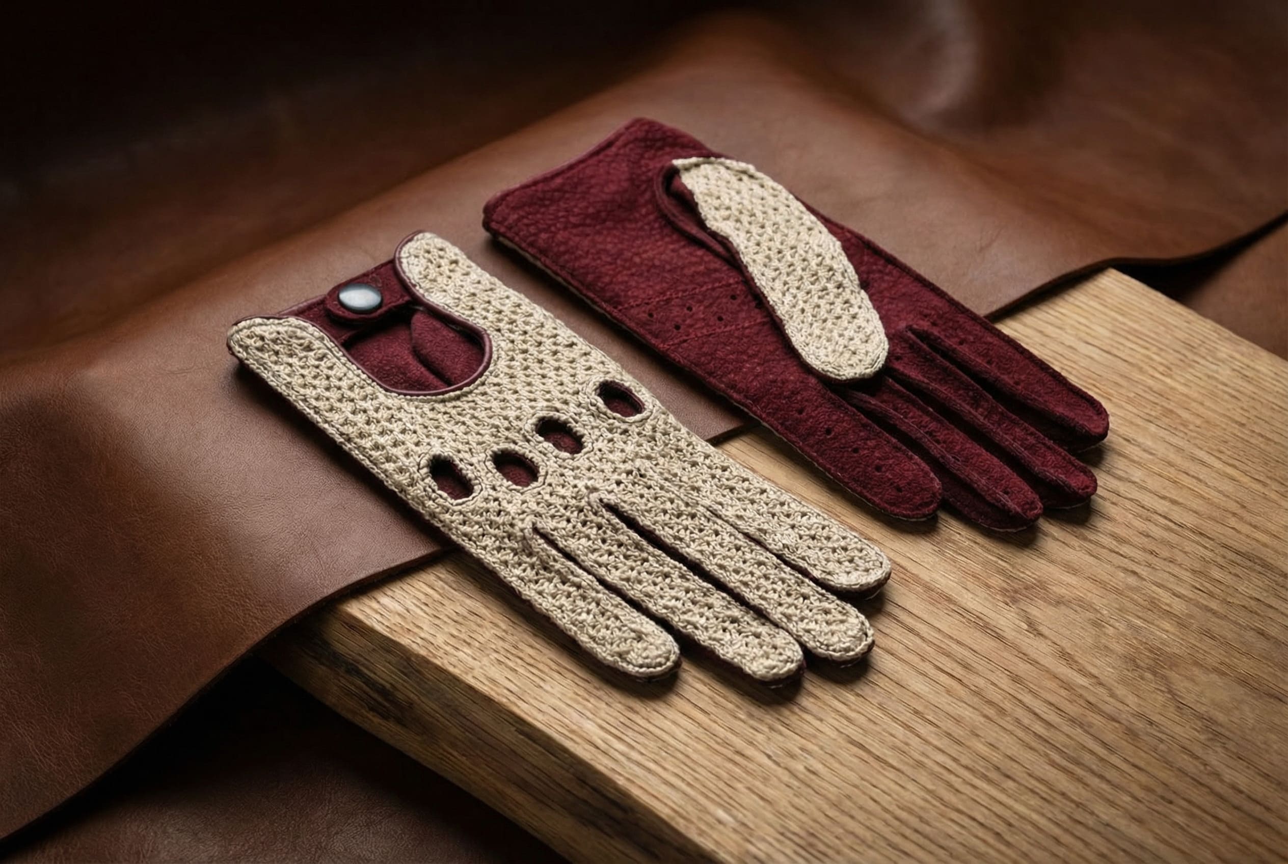 Women's Carpincho Capybara Crochet Driving Gloves – Palm in Carpincho Leather, Top Side Crochet, Green, Purple, and Cognac