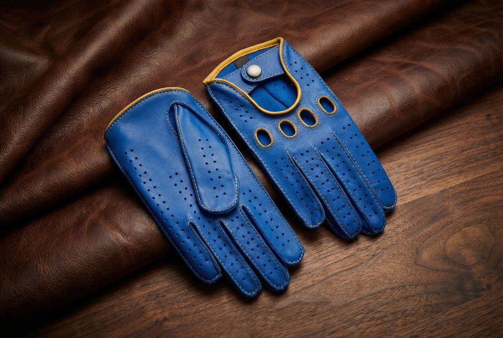 Dünne Herren-Fahrhandschuhe aus Nappaleder – Blau mit gelben Nähten