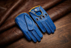 Dünne Herren-Fahrhandschuhe aus Nappaleder – Blau mit gelben Nähten