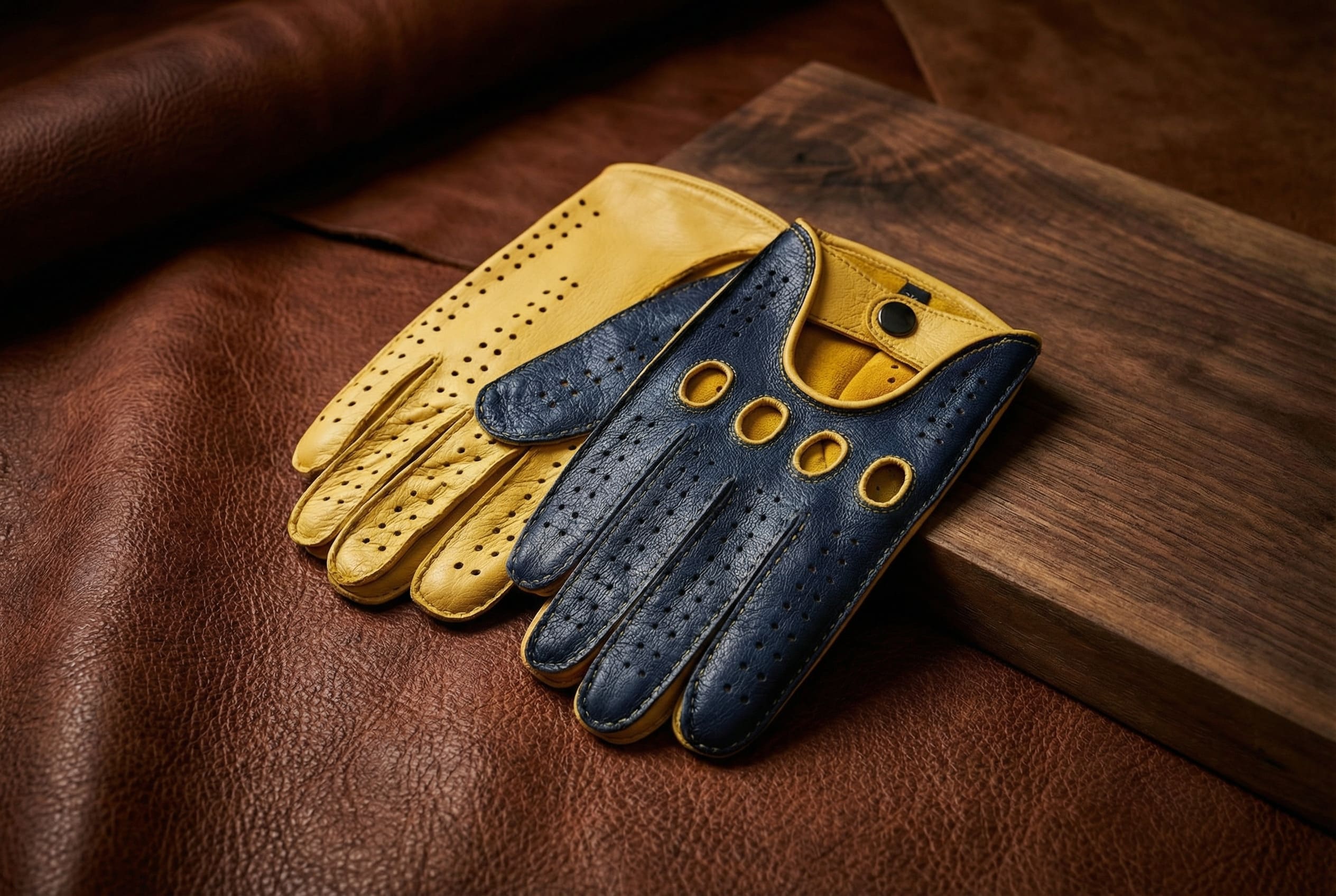 Men’s Deerskin Driving Gloves – Navy Blue Top with Yellow Palm & Yellow Stitching