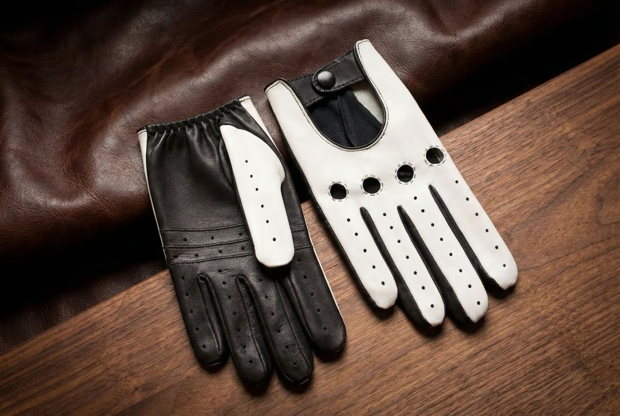 Men’s Nappa Leather Driving Gloves – Black & White with Inside Stitching