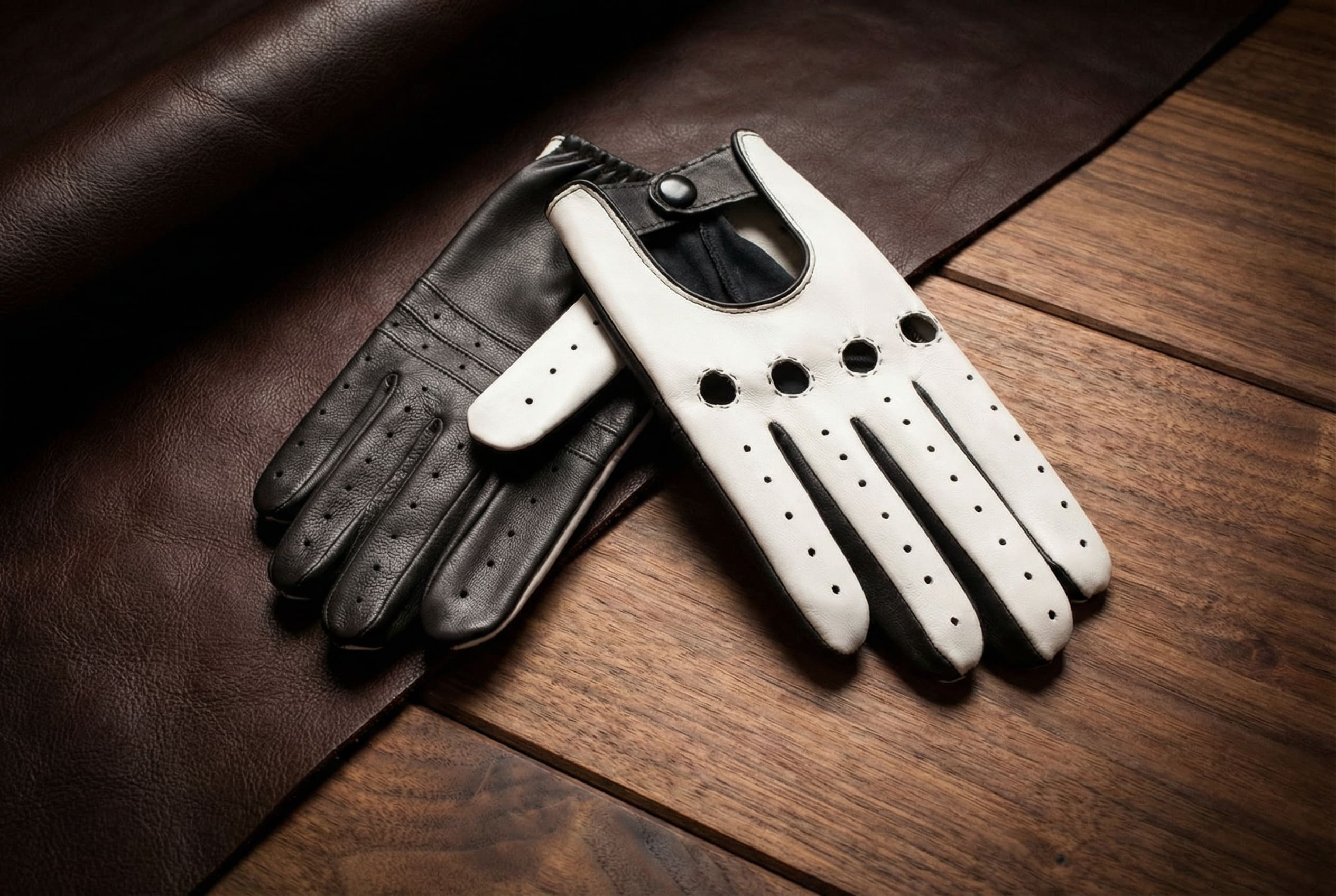 Men’s Nappa Leather Driving Gloves – Black & White with Inside Stitching