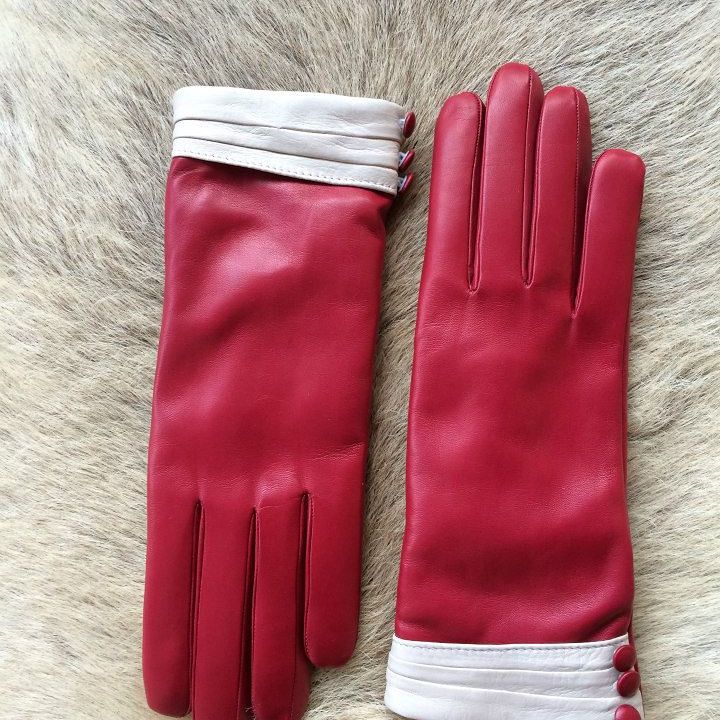Women’s Winter Gloves – Nappa Leather, Red & Beige, Cashmere Lined