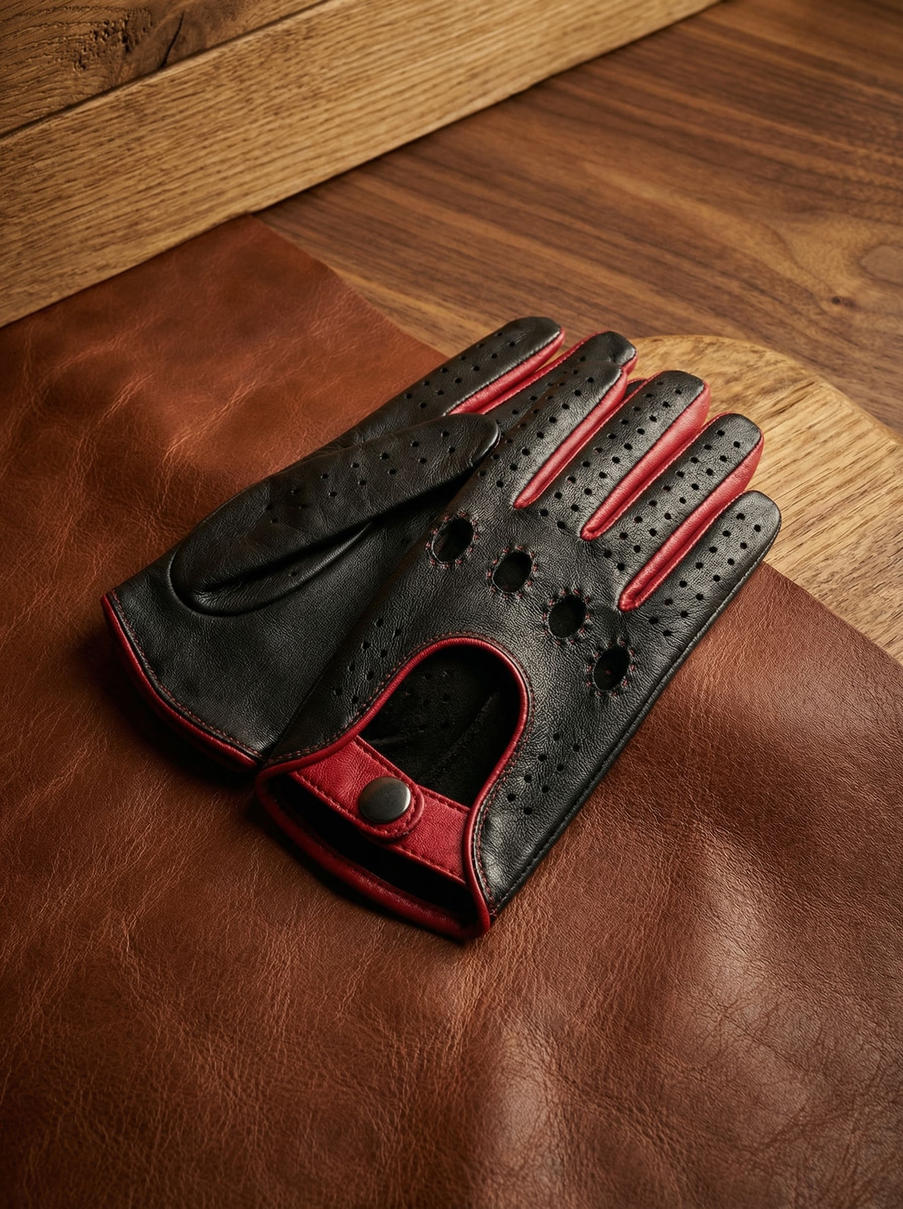 Women’s Driving Gloves – Black Lambskin with Red Highlights, Handcrafted